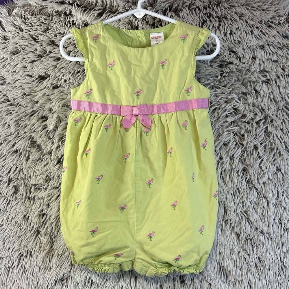 Vtg Gymboree Y2K  ISLAND Summer Lime Green Flamingo Pink Grosgrain‎ Romper 2T